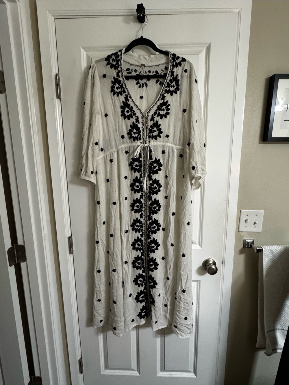 Free People White Midi Dress with Black Floral Embroidery